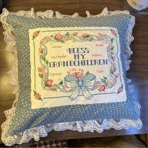 “Bless my Grandchildren” Handmade Lace Trim Needlepoint Accent Throw Pillow
